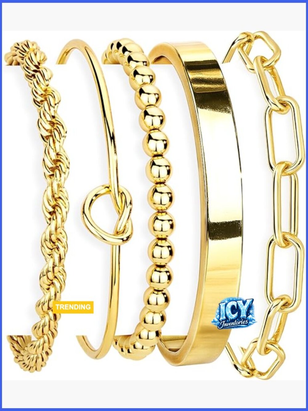 14K Gold Plated Stainless Steel Chunky Cuff Bracelet Stack Set, Non Tarnish